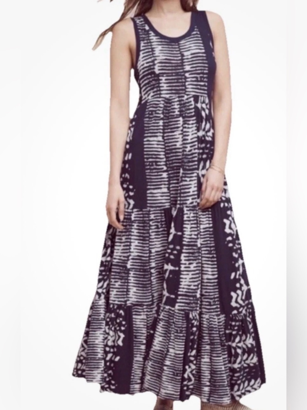 Anthropologie Holding Horses Maxi Dress S Ismene Navy Blue Tiered Mixed Print
